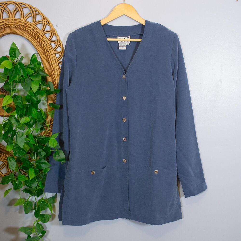 VTG 80s Lagenlook Minimalist Art Teacher Steel Blue Tunic Jacket Top Soft Summer